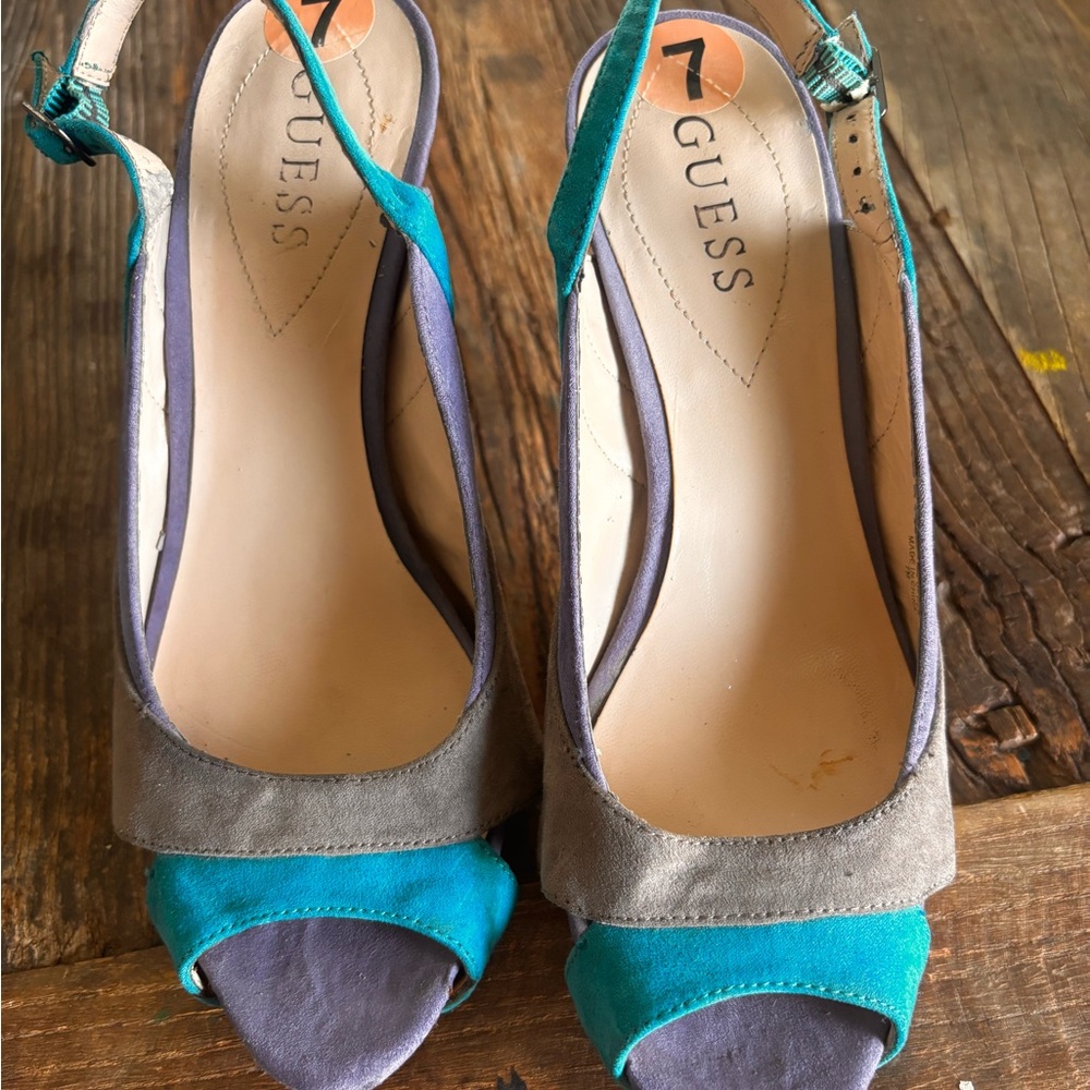 GUESS Teal and Gray Slingback Heels